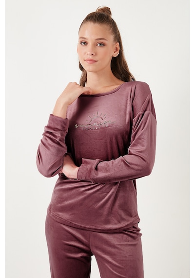 Lela Standart Fit Bisiklet Yaka Yumuşak Kadife Bayan Pijama Takımı 6094201 Pudra