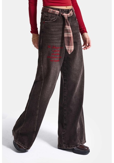 Kadın 4w6-156 Wide Leg Nakış Ve Kravat Detaylı Özel Tasarım Denim Jean Kahve