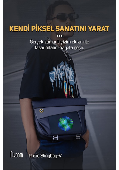 Divoom Pixoo Slingbag-v Siyah Ledli Ekran App Kontrollü Postacı Çantası-su Geçirmez Siyah