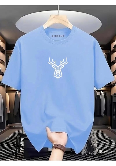 Geyik Baskılı Oversize Tişört Bebe Mavisi