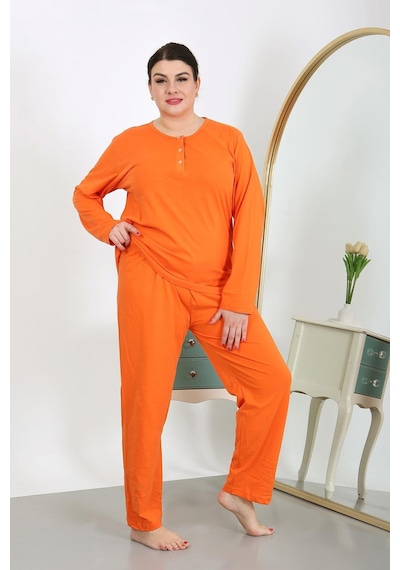 Akbeniz Kadın Büyük Beden Uzun Kol Penye Pijama Takımı Turuncu 202501 Turuncu