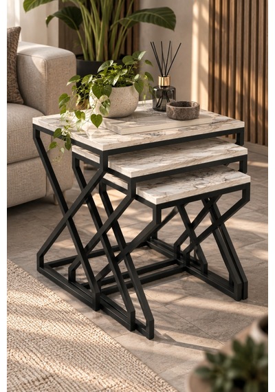 Sulorahome Modern Zigon Sehpa Seti - Beyaz Mermer Desenli Ve Siyah Metal Ayaklı Beyaz - Beyaz Mermer