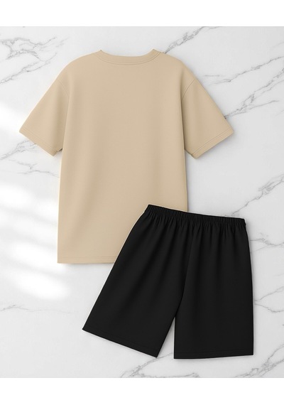 Uyguntarz Unisex 3 Kalp Baskılı Tasarım Şort Takım Bej