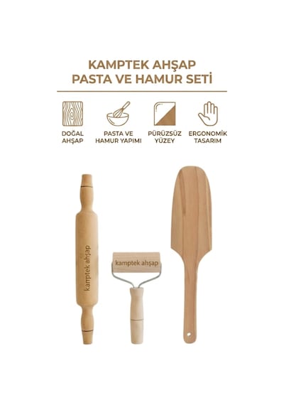 Kamptek Ahşap 3 Lü Mutfak Hazırlık Seti Merdane 35 Cm Rulo Merdane Hamur Çevirme Sptulası