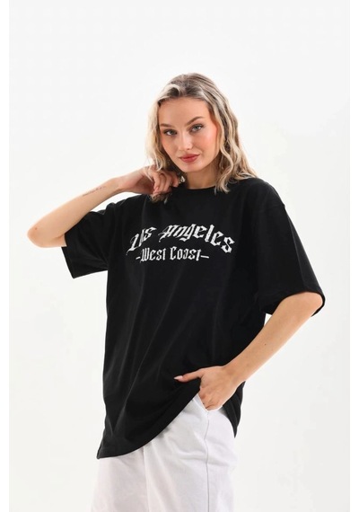 Freedom Storee Kadın Baskılı Tişört Kısa Kol Bisiklet Yaka Oversize T-shirt - Siyah Çok Renkli