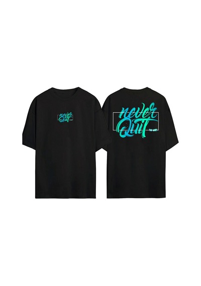 Thewert Unisex Siyah Never Quit Baskılı Oversize T-shirt