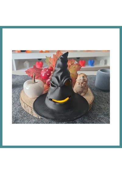 Trendexa 3d Baskı Cadı Şapkası Tealight Mumluk Işıklı Yüz Detaylı Cadılar Bayramı Feneri Masa Süsü Siyah Mac