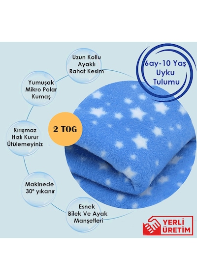 Yorni - Uzun Kollu Oeko-TEX Mikro Polar Bebek Çocuk Uyku Tulumu Mavi