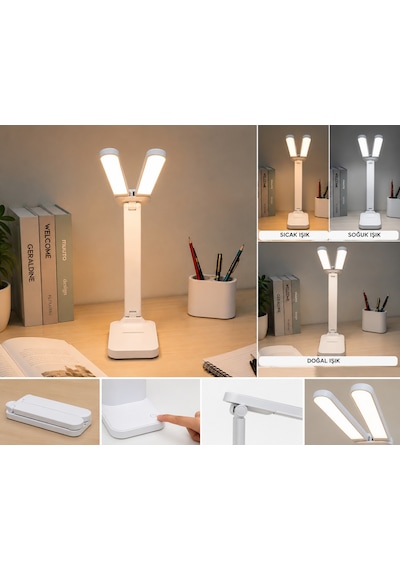 Katlanabilir Çift Başlıklı Led Masa Lambası 3 Işık Modlu, Dokunmatik, Telefon Standlı, Ayarlanabilir Çalışma Ve Okuma Lambası, Beyaz