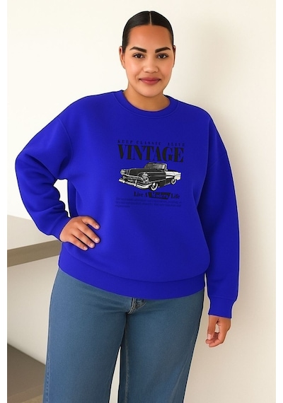 Benroma 3 İplik Penye Vıntage Baskılı Büyük Beden Unisex Sweatshırt Saks Mavisi