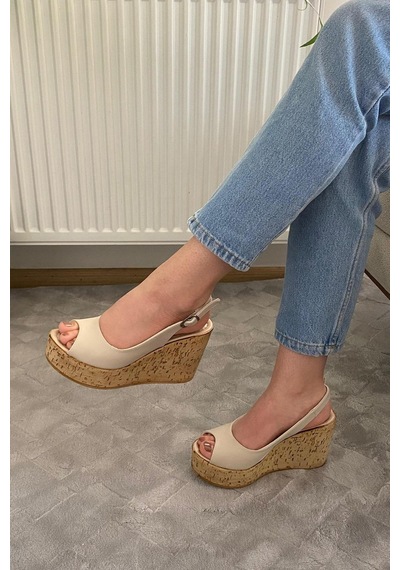 Asmi Shoes Kadın Fenni 10 Cm Dolgu Topuklu Mantar Taban Ayakkabı Krem Krem