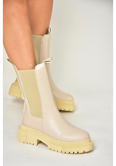 Fox Shoes T652449009 Bej Kalın Tabanlı Kadın Bot Bej-suni Deri Bej