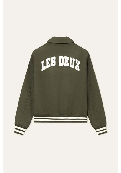 Obey Felipe Varsity Yün Ceket - Les Deux Logo Yaması & Şık Kısa Kesim Zeytin