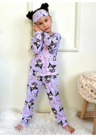 Lillypicca Kedi Desenli Pamuklu Önden Düğmeli Göz Bantlı Uzun Kol Pijama Takımı 9038 Lila