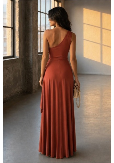 Lior Design Kadın Sade Tek Omuz Kemerli Maxi Abiye Elbise Kahverengi