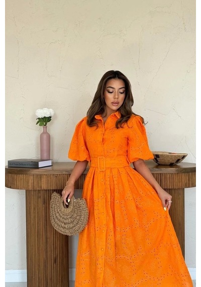 Defymoda Oranj Pileli Balkon Elbise Oranj