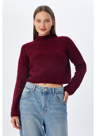Mixray 6854 Kadın Dik Yaka Bütün Crop Triko Kazak Bordo
