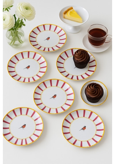 Grandora Kuş Desenli Pembe Çizgili 6 Lı Pasta Ve Tatlı Tabağı Seti 20 Cm Modern Ve Şık Sunum Tabakları Kırmızı