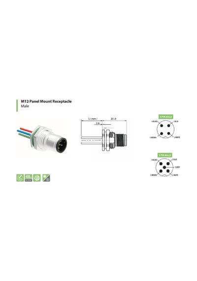 Ercontec Erf12p-ms5c-0,20pvc ,düz/m12-5pin/erkek Pvc-20cm Panel Tip Soket