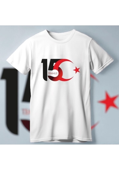 15 Temmuza Özel Tasarım Ay Yıldız Baskılı T-shirt - Beyaz Beyaz