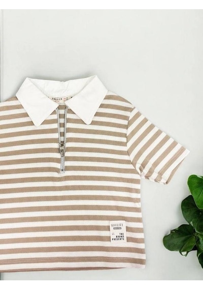 Zekids Kız Çocuk Polo Yaka Çizgili T-shirt-14393 Vizon