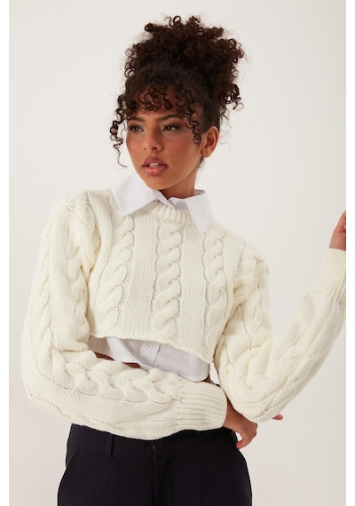 Quhox Kadın Triko Crop Sweatshirt Krem