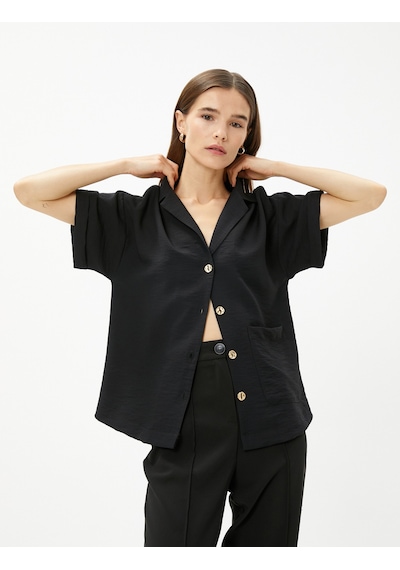 Koton Crop Gömlek Cep Detaylı Kısa Kollu Siyah 3sak60058cw Siyah