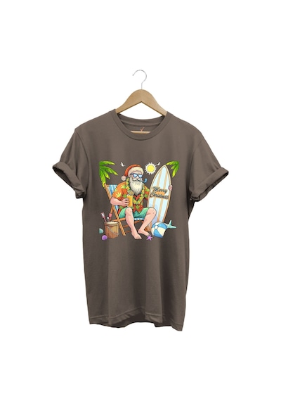 Merry Christmas Yaz Temalı Plajda Noel Baba Baskılı %100 Pamuk Unisex Regular Fit T-shirt Kahverengi