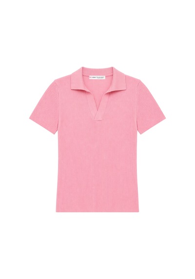 Mixray 2091 Kadın Polo Yaka Fitilli Kısa Kollu Triko Bluz Pembe