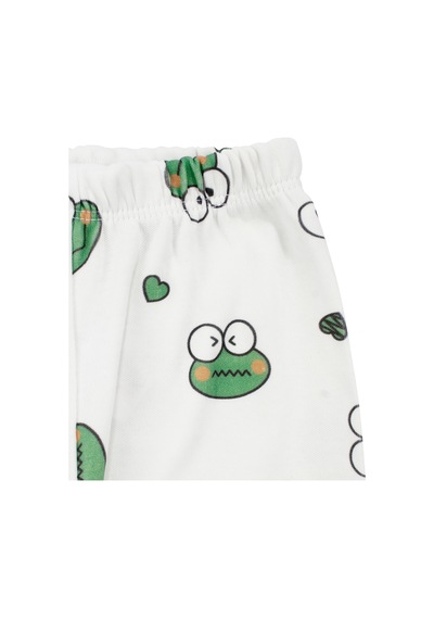 Bebegen Unisex Ekru Yeşil Kurbağa Desenli Kruvaze Yaka Pijama Takımı Çok Renkli