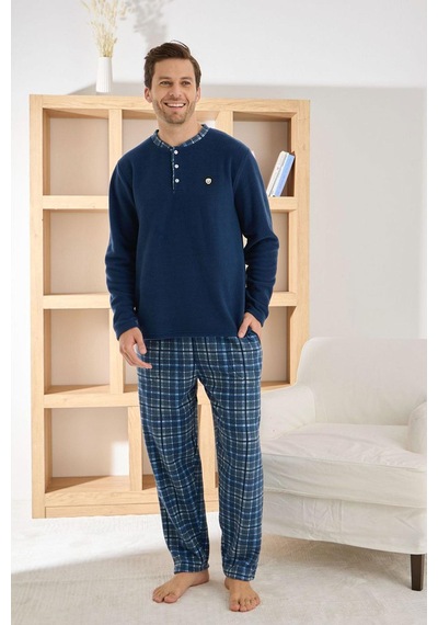 Pijamoni Erkek Düğme Yaka Kışlık Polar Pijama Takımı 6100/5,5 - 1 Adet Lacivert