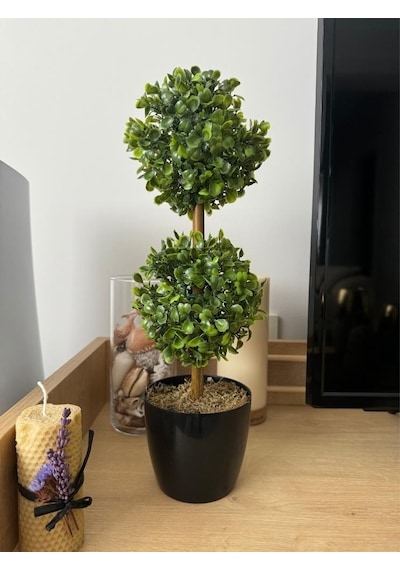 Yapay Ağaç Şimşir Top 2 Toplu 12x40cm Siyah Saksıda