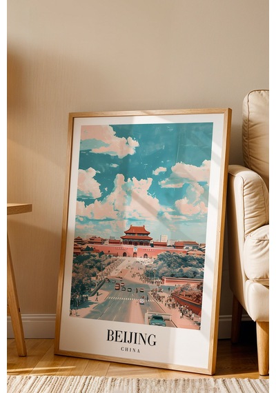 Beijing China Vintage Seyahat Posteri Çerçeveli Tablo - Premium Çin Mimarisi Elit Duvar Dekoru Kayın