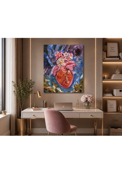 Soyut Anatomik Kalp & Çiçek Temalı Modern Kanvas Tablo Kozmik Sanat Dokulu Renkli Estetik Duvar Dekoru