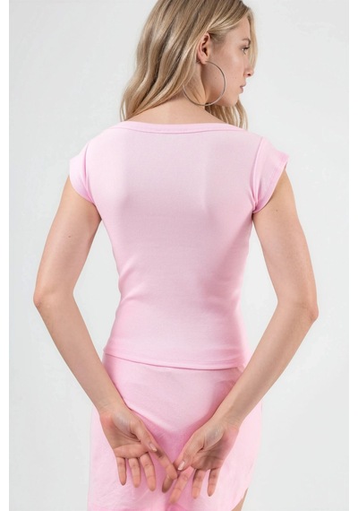 Hiccup Busem Slim Fit Ribana U Yaka Bluz Toz Pembe