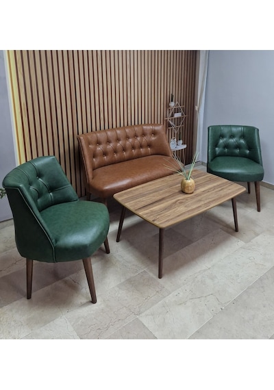 Azra Mobilya Deri Çay Seti Koltuk Takımı + Sehpa - Oturma Grubu - Cafe Mobilya - Ofis Mobilya - Balkon Mobilya Kahve-yeşil