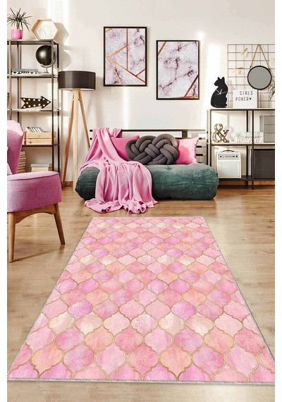 Pembe Fas Desen Kaymaz Taban Makinede Yıkanabilir Halı Rv159