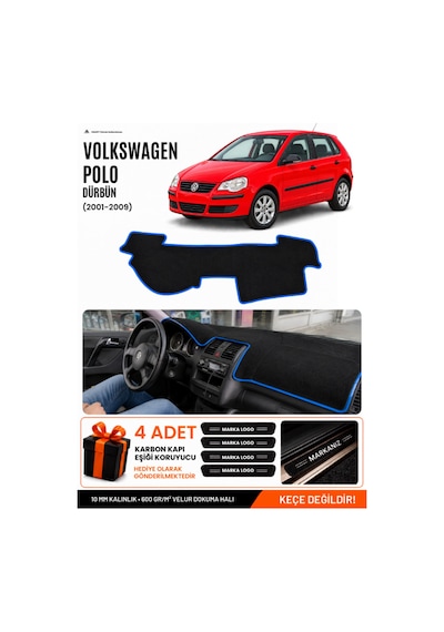 Volkswagen Polo Dürbün 2001-2009 Uyumlu Torpido Örtüsü, Torpido Kılıfı - Siyah Mavi
