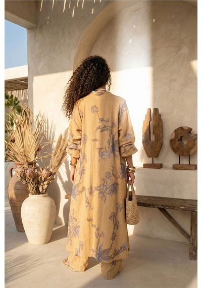 Fashion Cocktail Çiçek Yapraklı Baskılı Oversize Kimono Kaftan Lastikli Pantolon Doğal Gofre Bohem Takım Karamel Fashion Cocktail Çiçek Yapraklı Baskılı Oversize Kimono Kaftan Lastikli Pantolon Doğal Gofre Bohem Takım Karamel