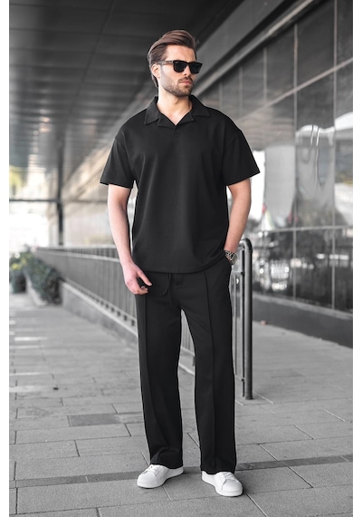 Madmext Siyah Polo Yaka Erkek Alt Üst Takım E7356 Siyah