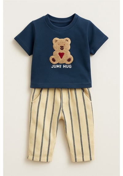 Noble Kids Erkek Bebek Ayıcık Nakışlı Tişört Ve Çizgili Eşofman Takımı Çok Renkli