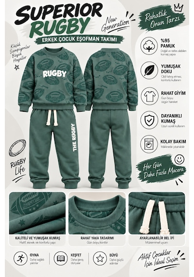 Ahengim Erkek Çocuk Rugby Topu Baskılı Pamuklu Sweatshirt Ve Pantolon Eşofman Takımı Ak119 Koyu Yeşil Ahengim Erkek Çocuk Rugby Topu Baskılı Pamuklu Sweatshirt Ve Pantolon Eşofman Takımı Ak119 Koyu Yeşil