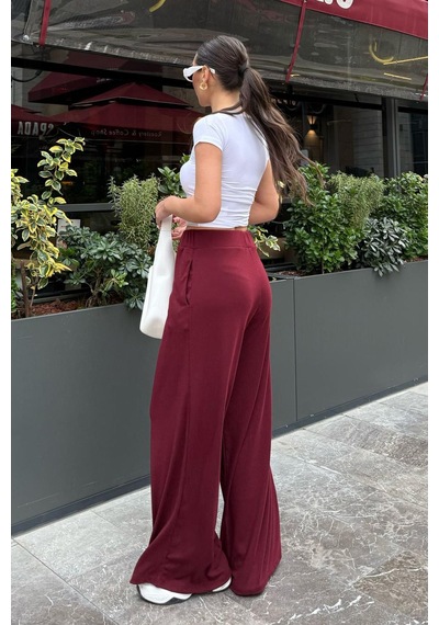 Madmext Bordo Yüksek Bel Rahat Kesim Geniş Paça Kadın Eşofman Mg2309 Bordo