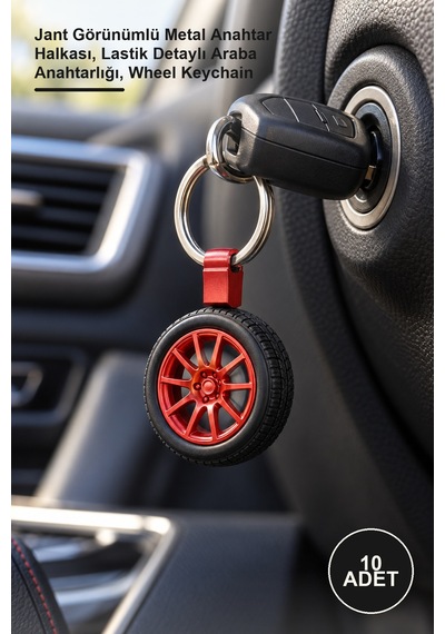 10 Adet Tekerlek Tasarımlı Anahtarlık Jant Görünümlü Metal Anahtar Halkası, Lastik Detaylı Araba Anahtarlığı, Wheel Keychain
