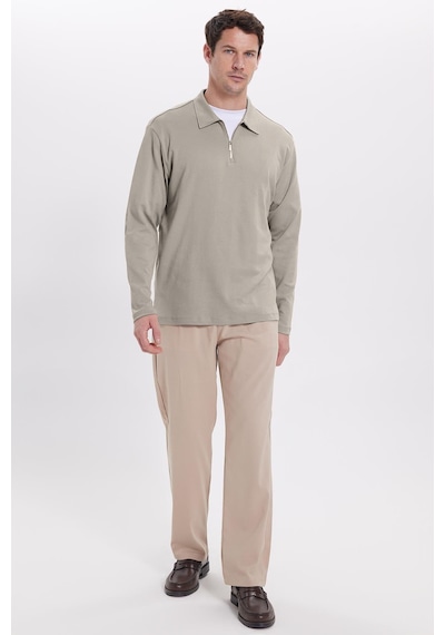Tudors Erkek Relax Fit Rahat Kesim %100 Pamuk Yarım Fermuarlı Polo Yaka İnterlok Gri Sweatshirt-42174 Gri