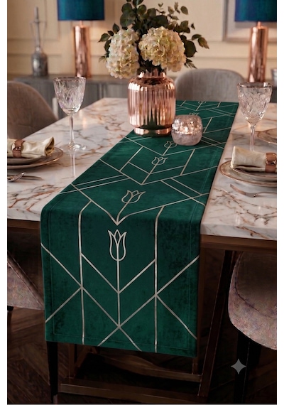 Premium Masa Runner Dijital Baskılı Geometrik Lale Desenli Dekoratif Salon Mutfak Yemek Masası Runner Örtüsü 45x140 Cm Yeşil