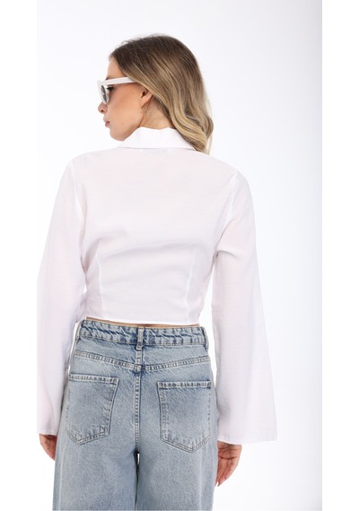 Blayn Jeans Blayn Kadın Beyaz Kruvaze Yaka Belden Bağlamalı Uzun Kollu Şık Bluz
