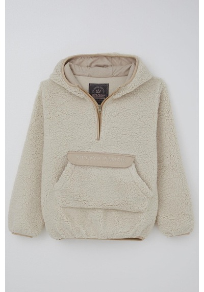 Reycan Kız Çocuk Peluş Sweatshirt Kapüşonlu Kanguru Cepli 5-8 Yaş, Taş Taş