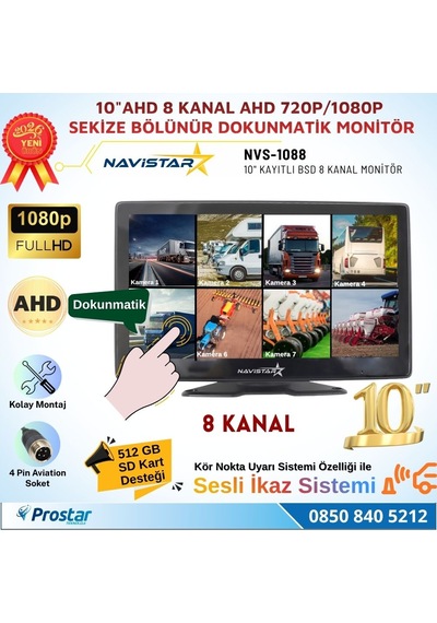 10 İnç 8 Kanal Dokunmatik Ahd 1080p/720p Kayıtlı Araç Monitörü 12-24v
