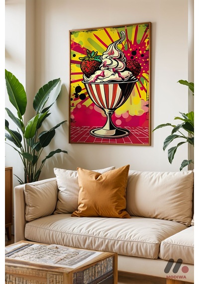 Dondurma Pop Art, Ahşap Çerçeveli Duvar Tablosu - Renkli Ev Dekorasyonu